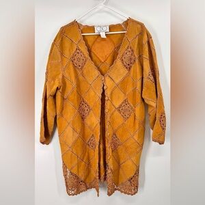 Vintage CBO New York Leather Kimono Jacket With Crochet Trim